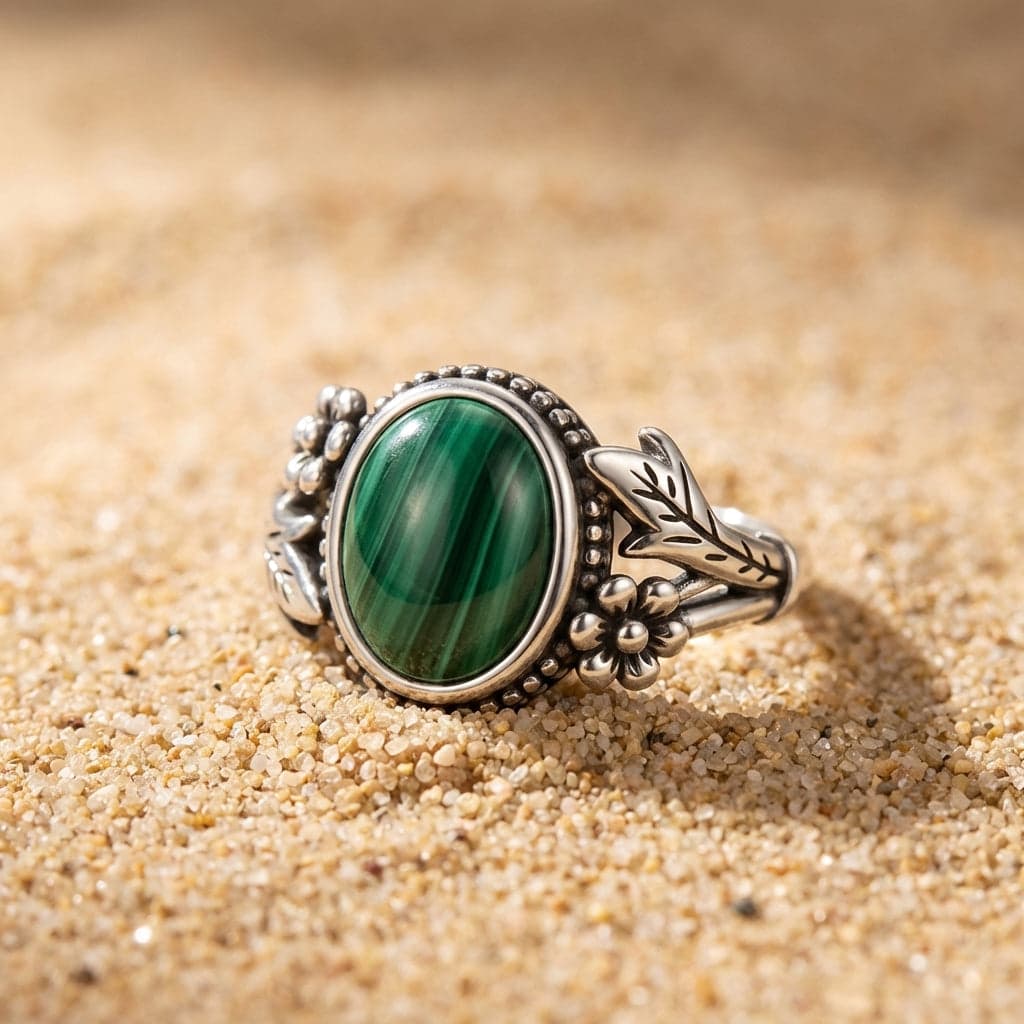 Pierścionek Ochrona serca z malachitu i srebra