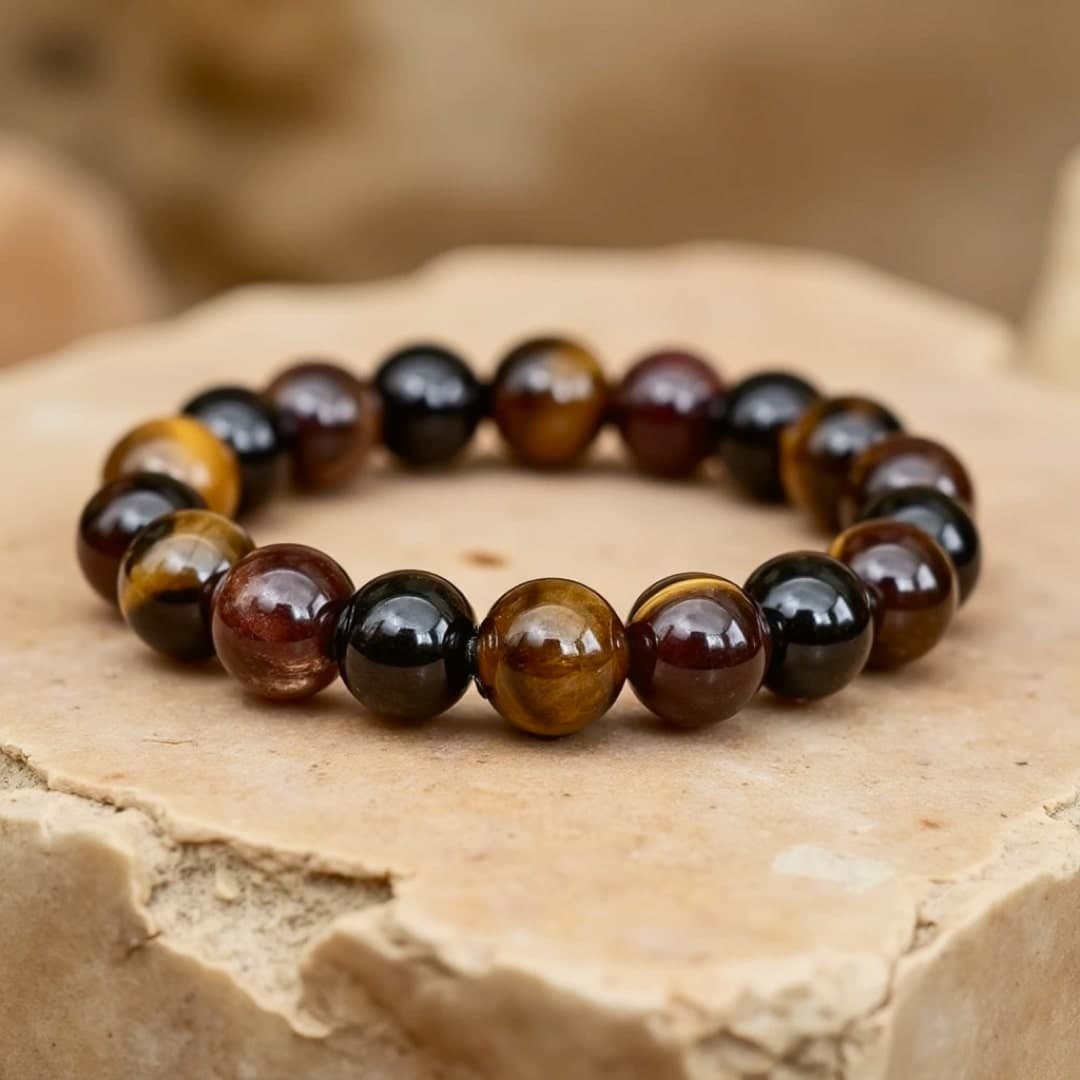 Bransoletka Sukces i Ochrona z Okiem Tygrysa, Granatem, Turmalinem i Kwarcem Dymnym