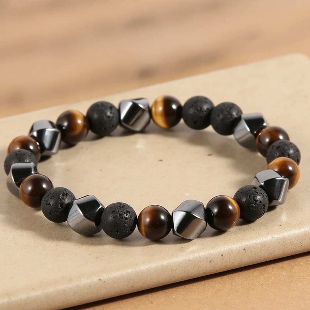 Bransoletka potrójnej ochrony z kamienia lawowego, Oko Tygrysa i hematytu