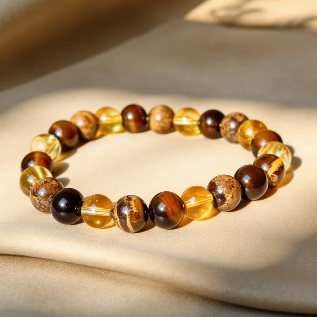 Bransoleta Ochrona i Prosperita z tygrysim okiem, cytryną i jaspisem pejzażowym