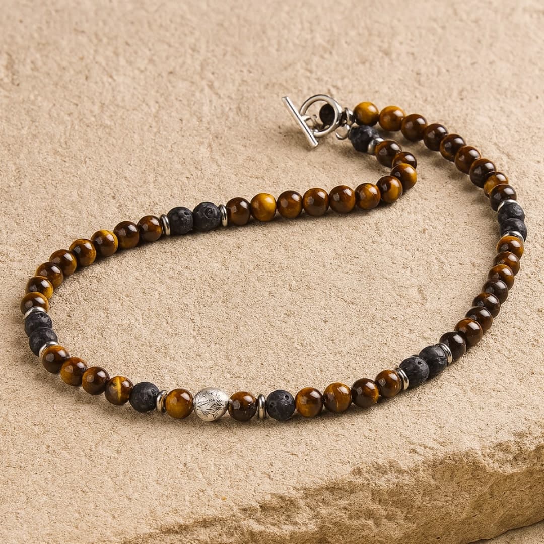 Naszyjnik Energia Ziemi i Ognia z kamienia lawowego i tygrysiego oka