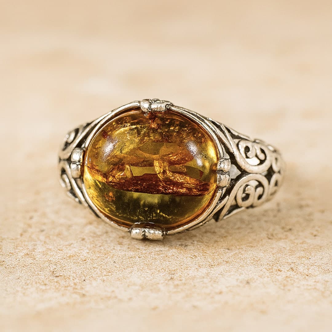 Pierścionek regulowany "Éclat Solaire" z bursztynu i srebra