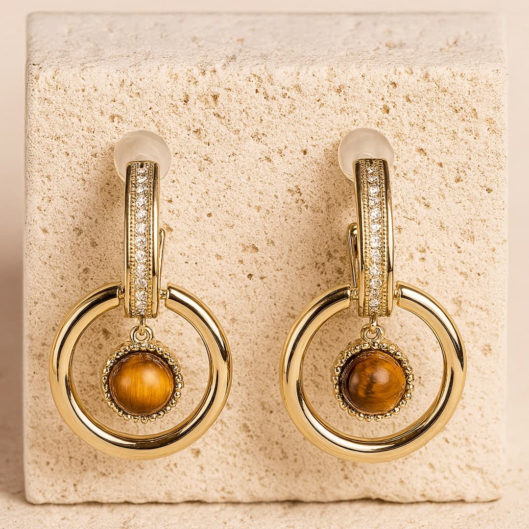 Kolczyki Éclat Félin z kamieniem tygrysiego oka i pozłacane