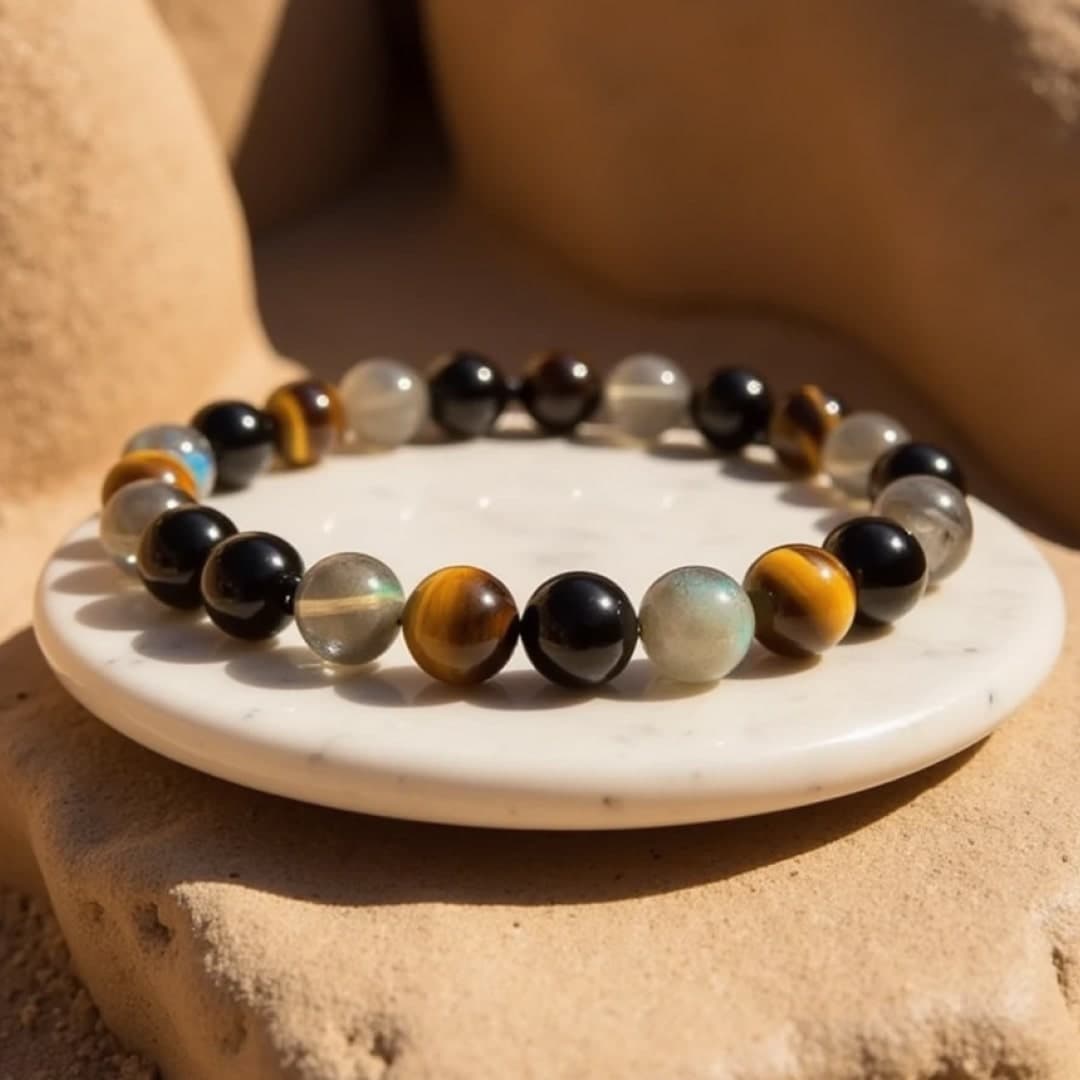 Bransoletka Ochrona Najwyższa z turmalinem, oczkiem tygrysim i labradorytem