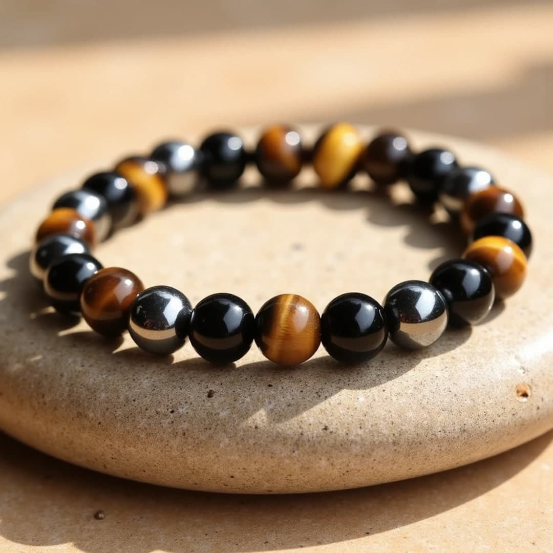 Bransoletka 3 Ochrony z tygrysiego oka, hematytu i czarnego obsydianu