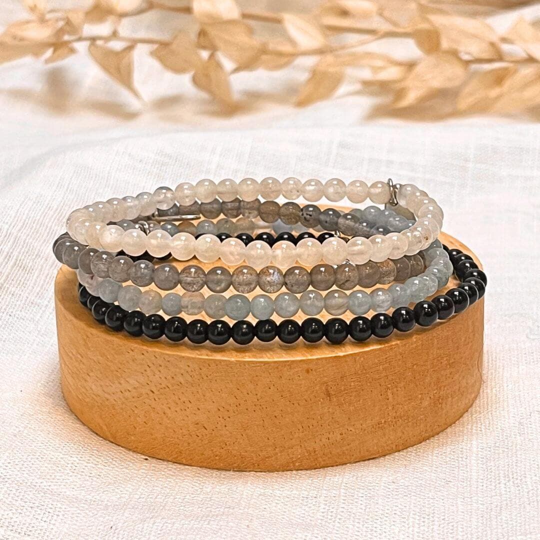 Komplet Siła Wewnętrzna i Ochrona z labradorytem, kamieniem księżycowym, akwamarynem i czarną turmaliną